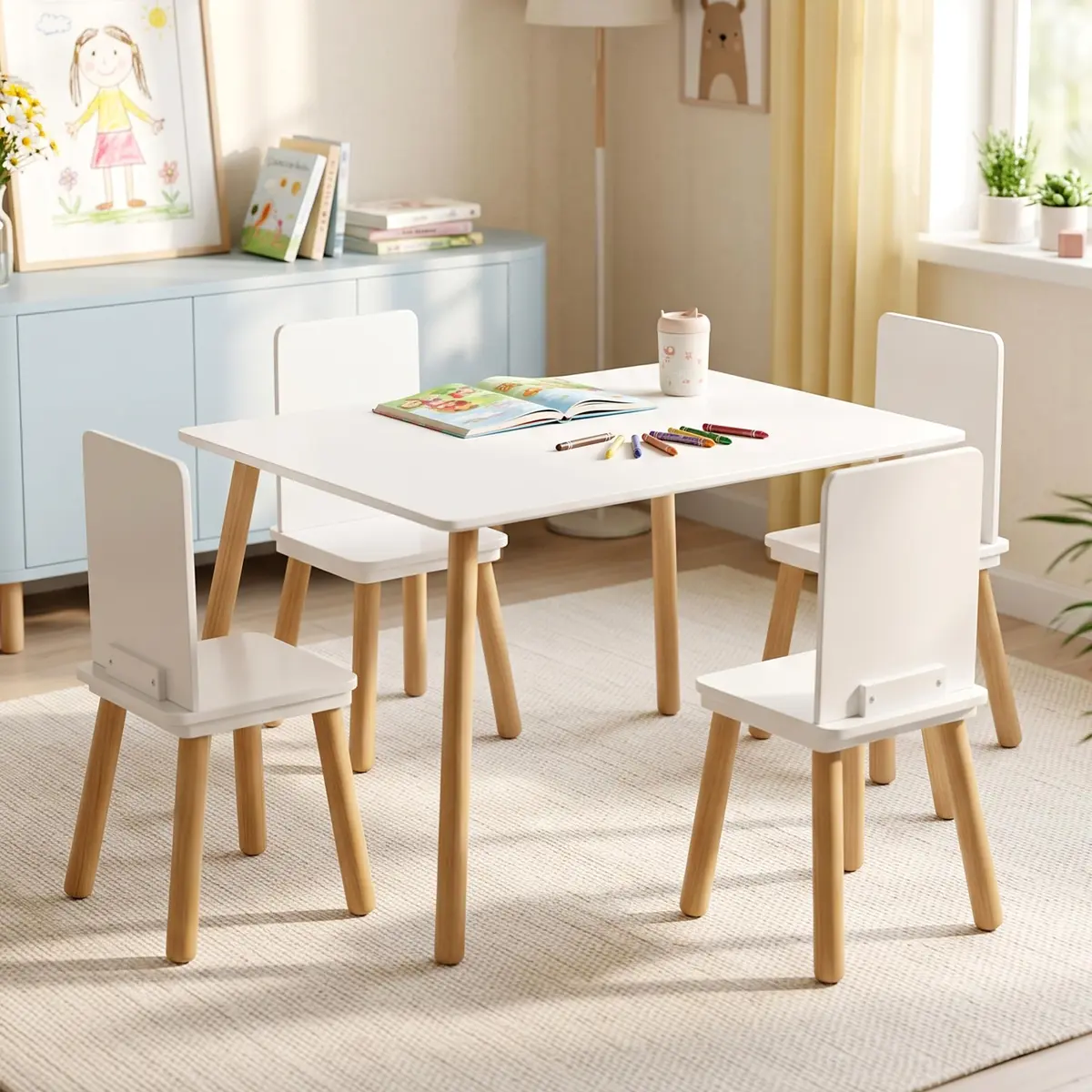 BRITEMART Kids Table and 4 Chairs | Toddler Wooden Set for Ages 3-8, 31.5" x 23.62" | Safe & Certified - main product image