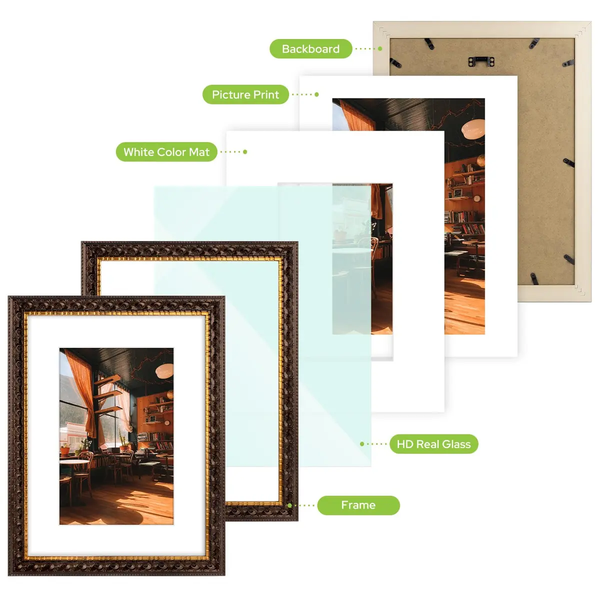 Golden State Art 12x16 Dark Brown & Gold Frame Mat for 8x12 Real Glass | Elegant Gallery Display - view 4