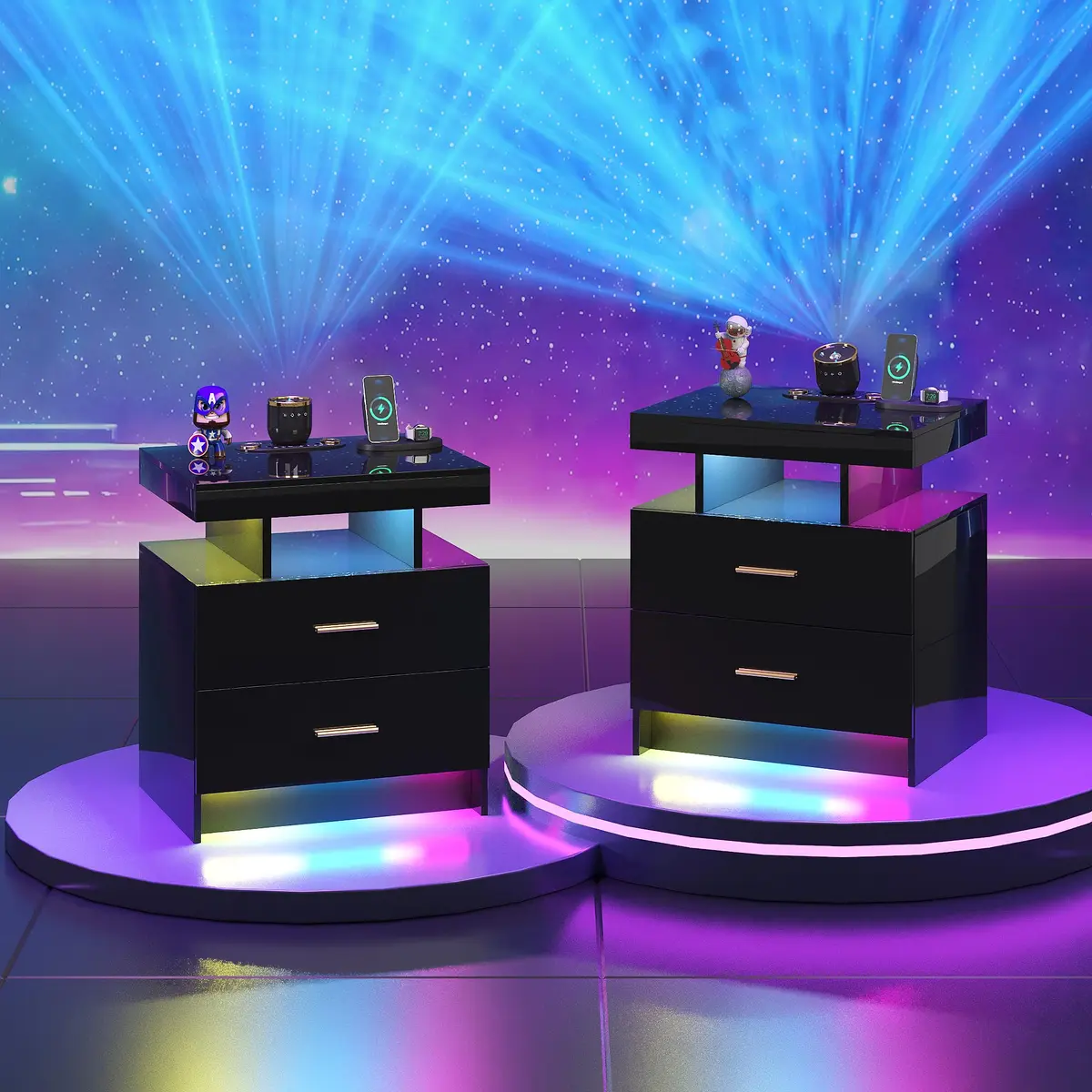 HNEBC Night Stand Set 2 with Galaxy Star Projector, Bluetooth Speaker, Black | Modern Bedroom & Living Room Furniture - main product image