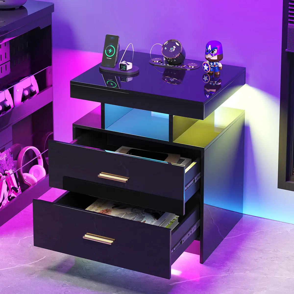 HNEBC Night Stand Set 2 with Galaxy Star Projector, Bluetooth Speaker, Black | Modern Bedroom & Living Room Furniture - view 6
