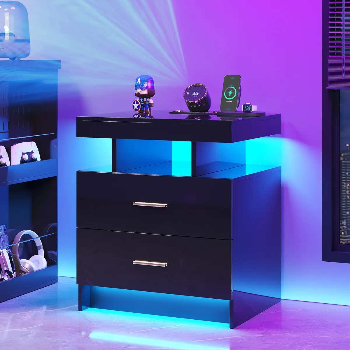 HNEBC Night Stand Set 2 with Galaxy Star Projector, Bluetooth Speaker, Black | Modern Bedroom & Living Room Furniture - view 7