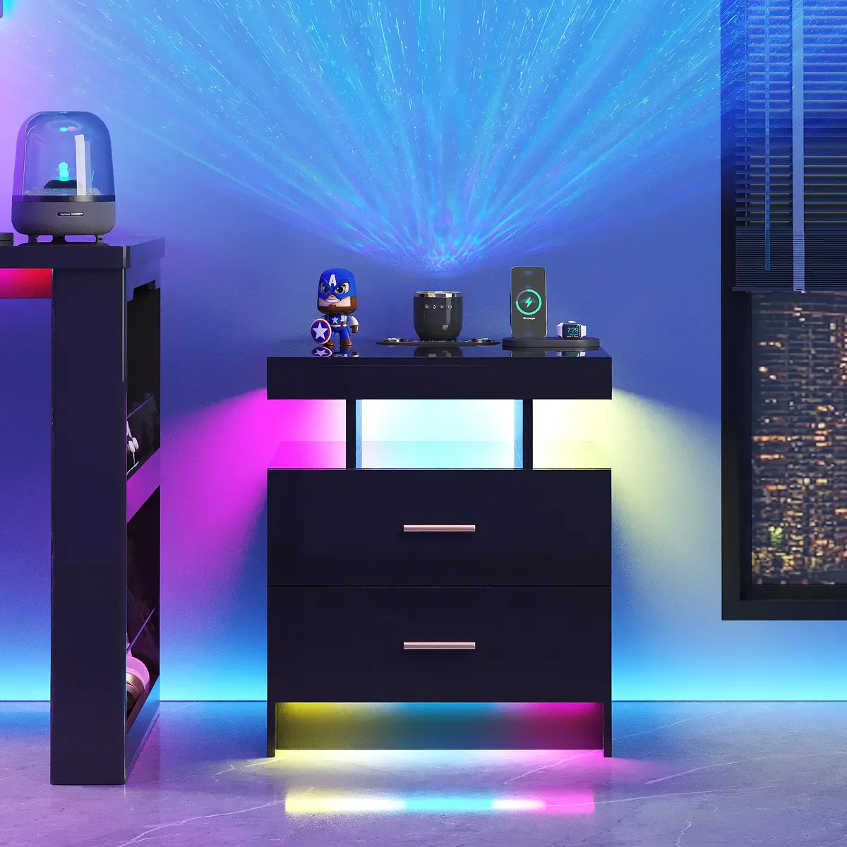 HNEBC Night Stand Set 2 with Galaxy Star Projector, Bluetooth Speaker, Black | Modern Bedroom & Living Room Furniture - view 8