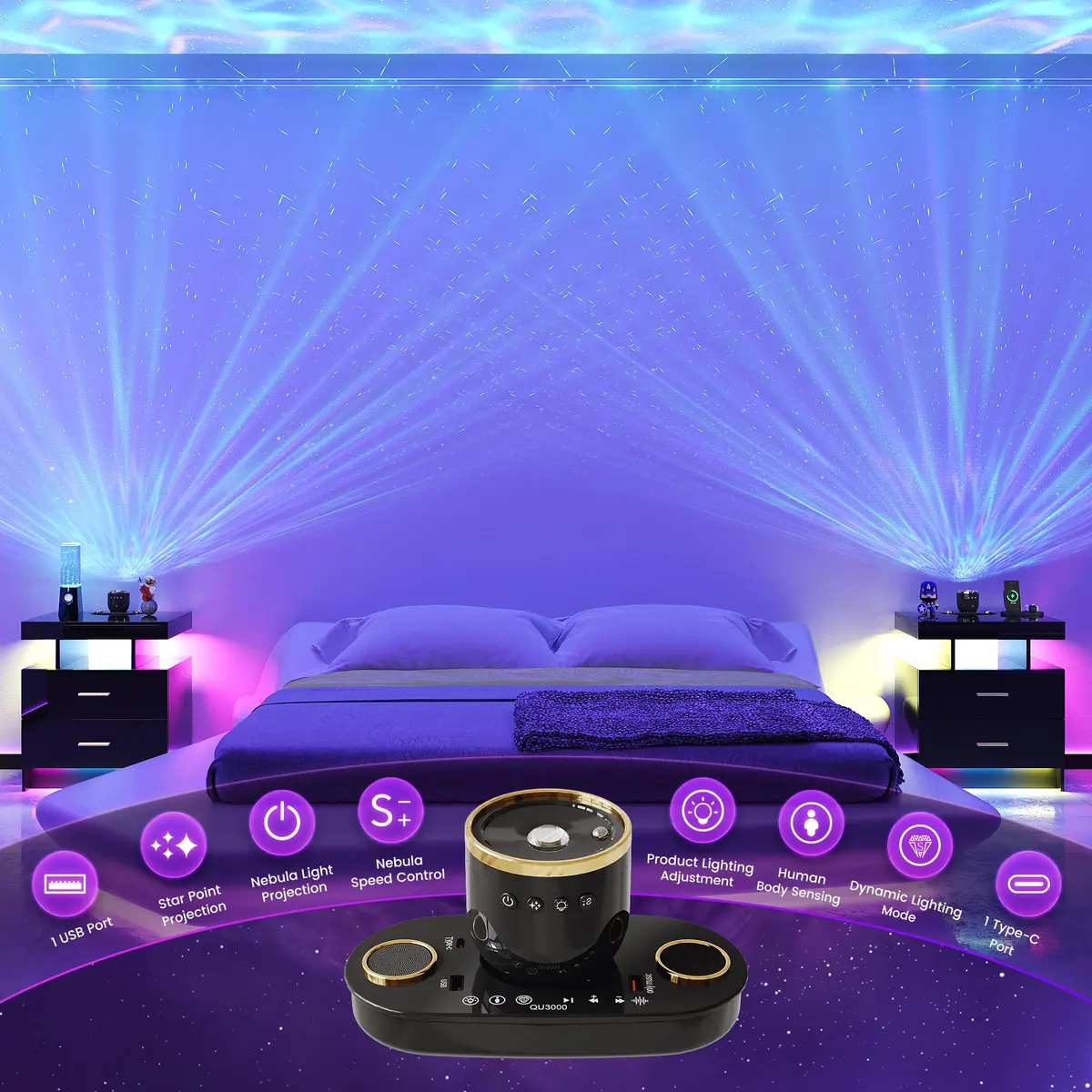 HNEBC Night Stand Set 2 with Galaxy Star Projector, Bluetooth Speaker, Black | Modern Bedroom & Living Room Furniture - view 2