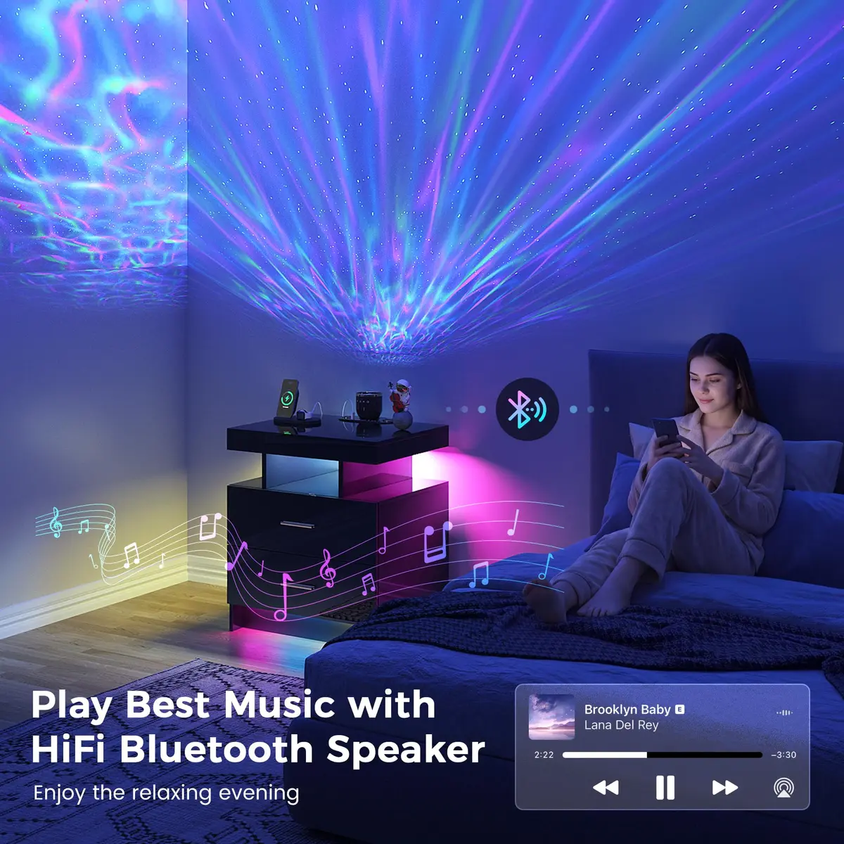 HNEBC Night Stand Set 2 with Galaxy Star Projector, Bluetooth Speaker, Black | Modern Bedroom & Living Room Furniture - view 3