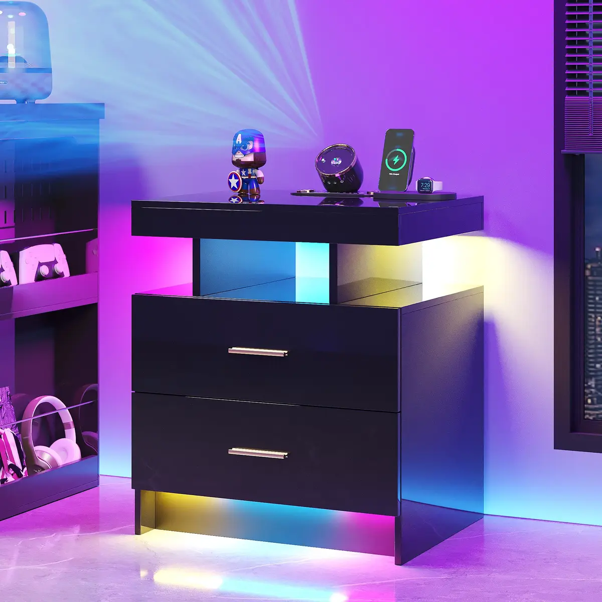 HNEBC Night Stand Set 2 with Galaxy Star Projector, Bluetooth Speaker, Black | Modern Bedroom & Living Room Furniture - view 4