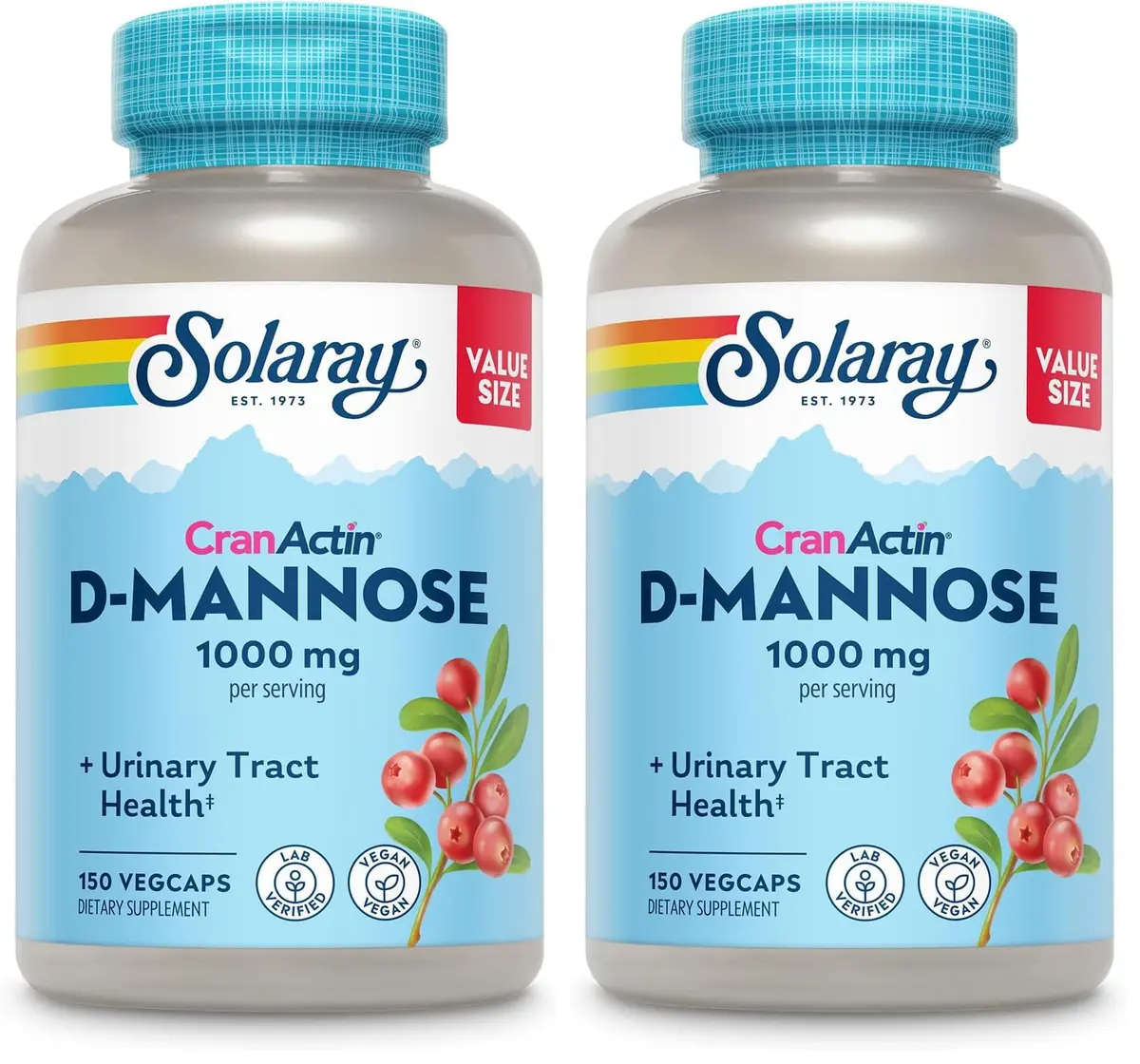 SOLARAY D-Mannose with CranActin Cranberry Supplement 400mg 150ct Pack of 2 | Urinary Tract Support with Vitamin C - main product image