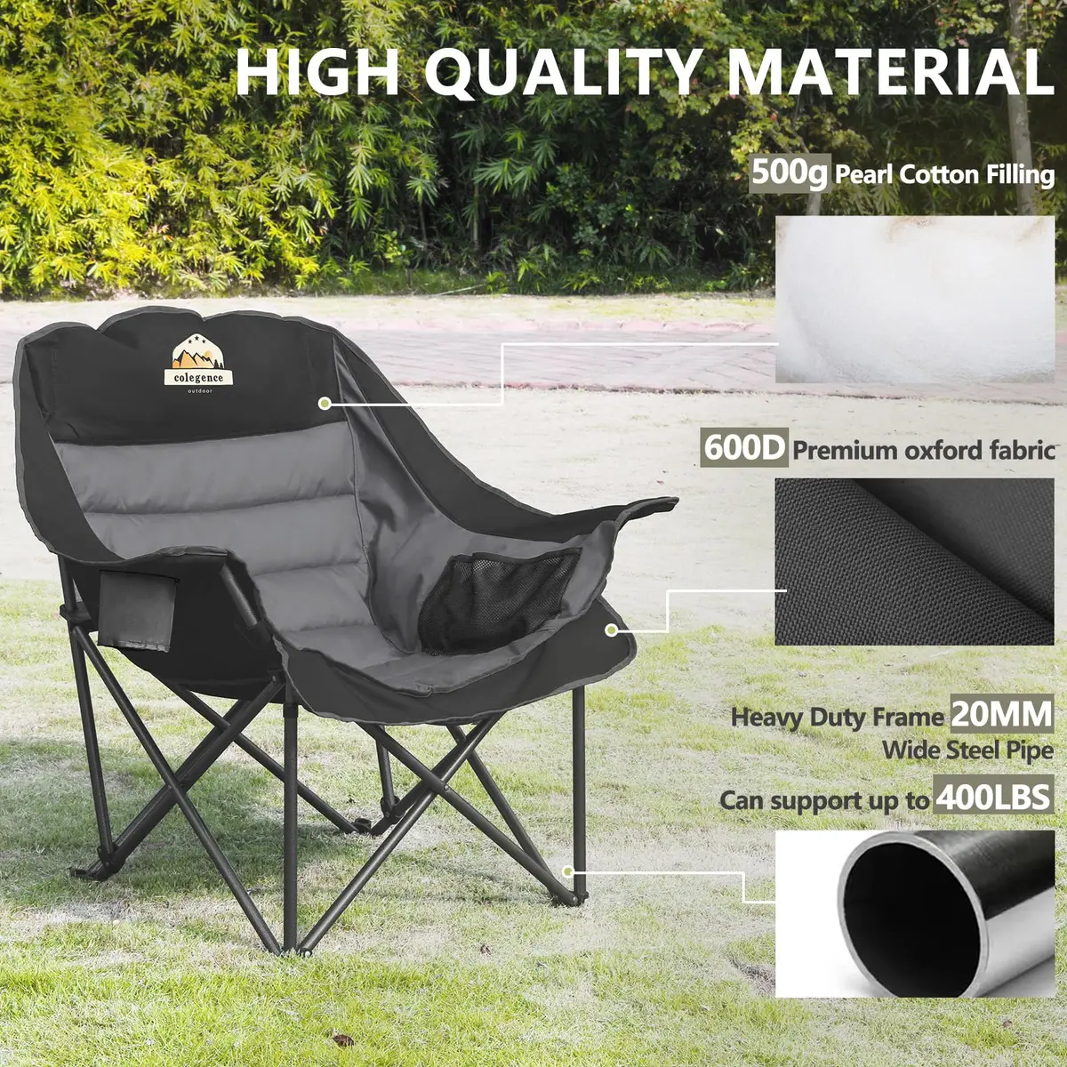 Colegence Oversized XL Padded Camping Chair Heavy Duty Lawn Chair | Supports 500 lbs, Weather Resistant, Extra Comfort - view 7
