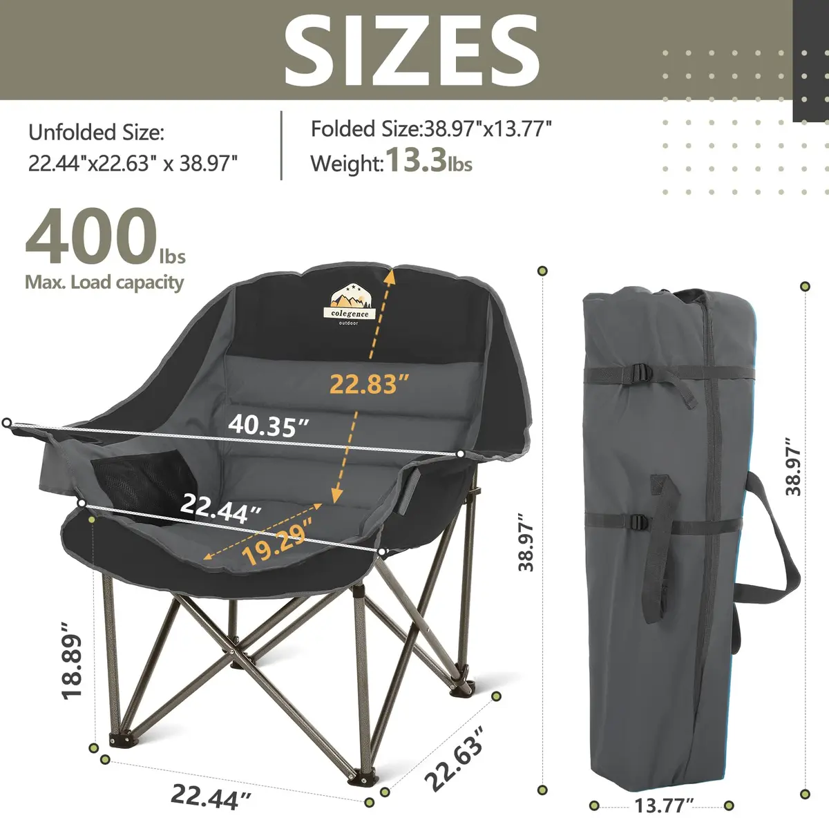 Colegence Oversized XL Padded Camping Chair Heavy Duty Lawn Chair | Supports 500 lbs, Weather Resistant, Extra Comfort - view 3