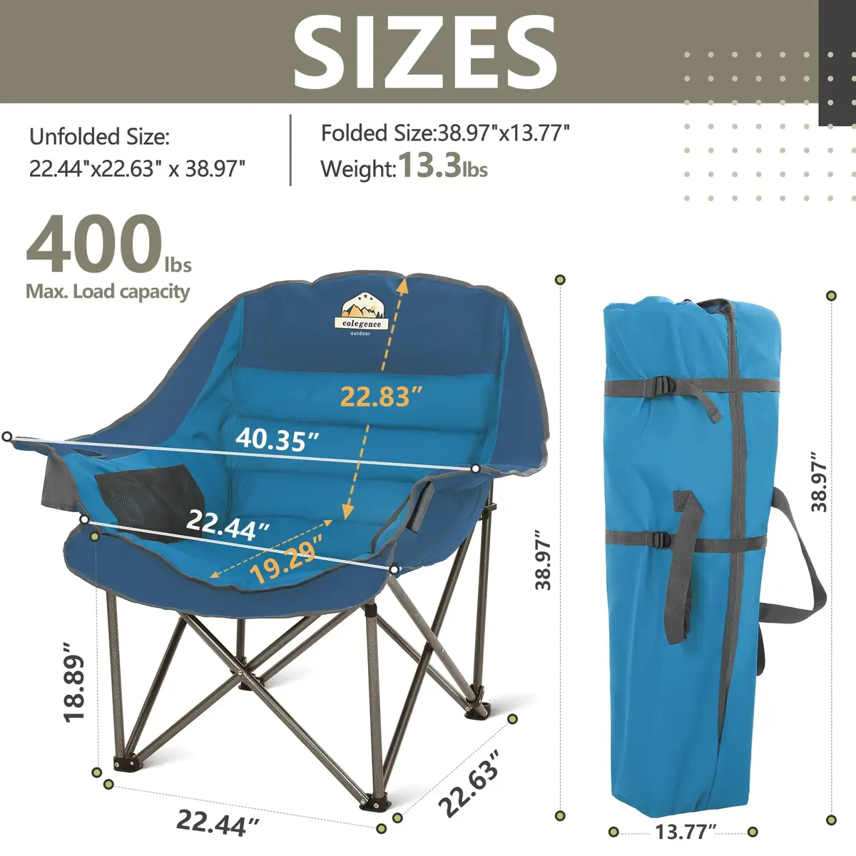 Colegence Oversized XL Padded Camping Chair Heavy Duty Lawn Chair | Supports 500 lbs, Weather-Resistant, Extra Comfort - view 3